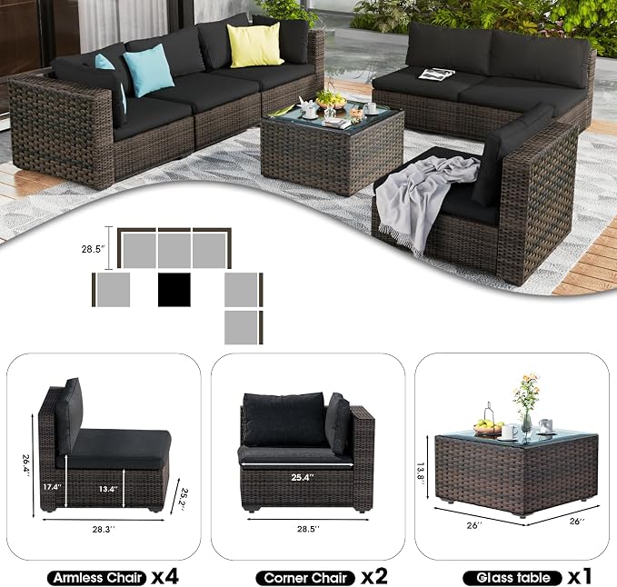 7 Pieces Outdoor Patio Furniture Set Wicker Sectional Sofa with Cushions & Tea Table Patio Rattan Conversation Chair Sofa Set Black