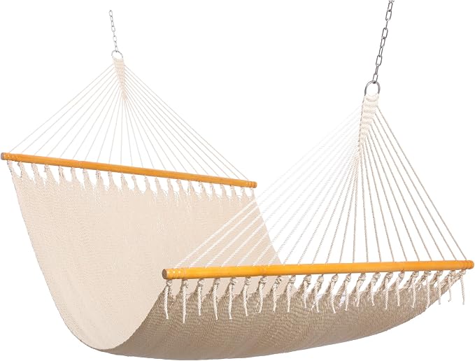 SANIWERKE® Double Caribbean Hammock 79" x 55" Woven Bed, 12 FT Long with Solid Spreader Bars, Hand Tightly Woven Rope Net, All Weather Outdoor Hammock for 2 Persons, 450 LBS Capacity, Warm Oatmeal