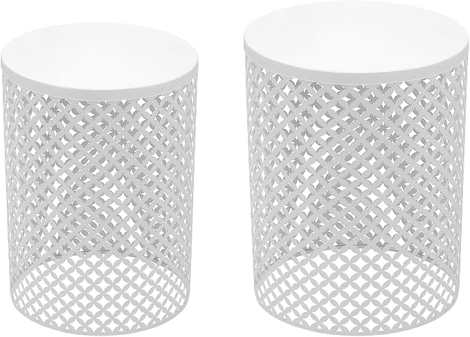 2Pcs Side Table, Heavy Duty Metal Frame Side Table Modern End Table Round Coffee Table End Table Garden Stools for Indoor Outdoor Patio Decorative (White)