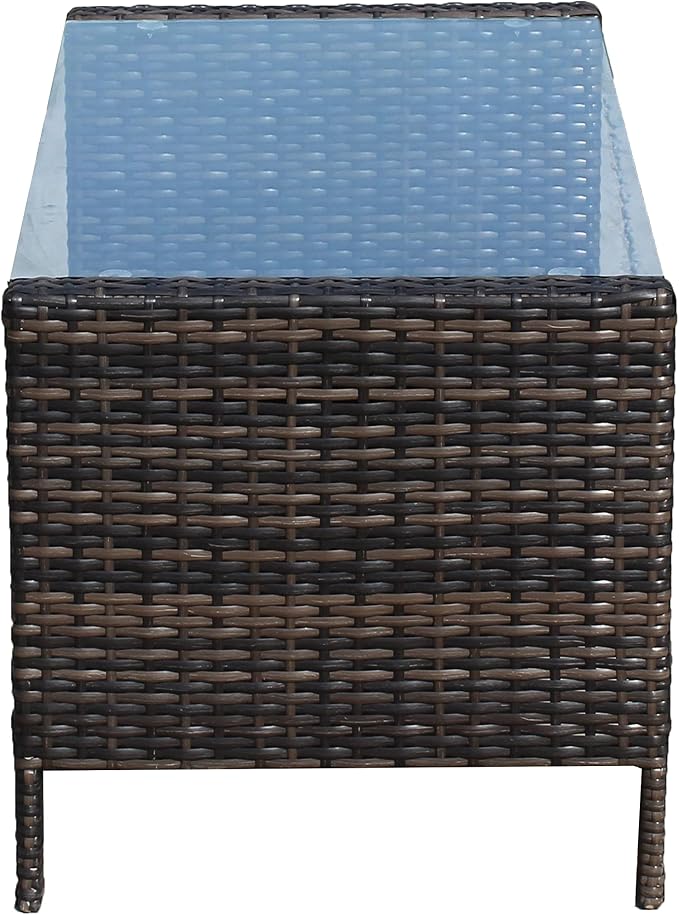34.6" Patio Side Table, Large Rectangle Outdoor Coffee Table with Tempered Glass Top, Heavy Duty PE Rattan Wicker End Table, Patio Sofa Table for Backyard Deck Patio