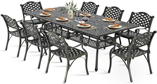 VIVIJASON 9-Piece Outdoor Dining Set for 8, All Weather Cast Aluminum Retro Patio Furniture Table and Chairs Set, Include 94.5" Rectangular Table and 8 Chairs with Umbrella Hole, Dark Bronze