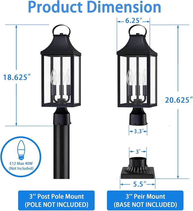 18.62 Post Light Outdoor, Large 3-Light Lamp Post Light Fixture, Black | Modern Pillar Outside Lighting Waterproof Post Lantern Lamp Outdoor Post Light Fixtures Pole Lights for Porch, 1 Pack