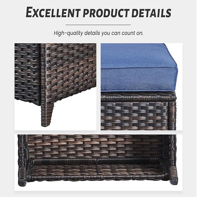 Belord Outdoor Swivel Chairs Set of 2,Patio Wicker Rocker Chairs with Ottomans, All Weather Patio Conversation Furniture Set, Ideal for Porch Balcony Deck Yard, Brown Wicker/Blue