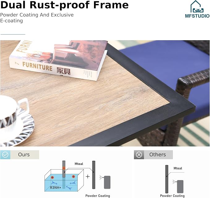 MFSTUDIO 5 Pieces Patio Dining Set, Outdoor Table and Chairs for 4, Outdoor Rattan Dining Furniture Set, Patio Wood-Like Metal Table with Wicker Chairs