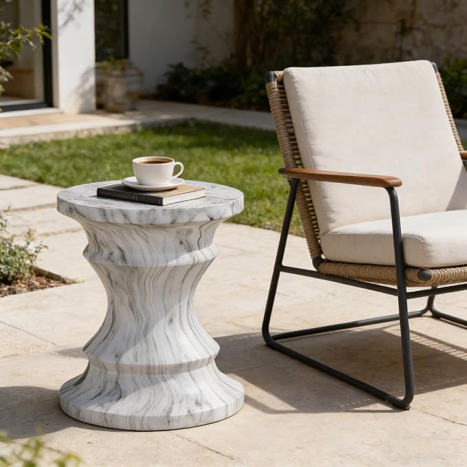 Outdoor Side Table Round Concrete Side Table Faux Stone End Tables Cement Accent Tables Patio Garden Stool Plant Stand for Porch, Backyard Balcony,15.35",Grey