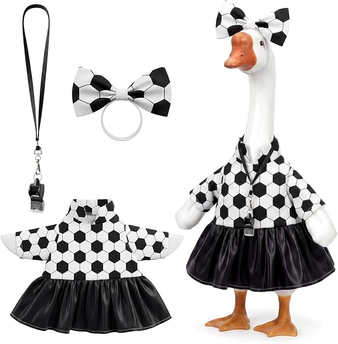 Soccer Porch Goose Outfit Black and White Soccer Goose Clothes Ball Dress Skirt with Bow Headband Whistle Sport Geese Costume for 17-23 Inch Cement Geese Statue Outdoor Garden Lawn Yard Decor