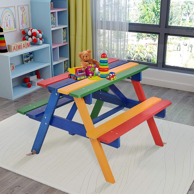 Costzon Kids Picnic Table Set, Colorful Wood Picnic Table and Benches with Removable/Folding Umbrella, Children Rainbow Bench Outdoor Patio Set