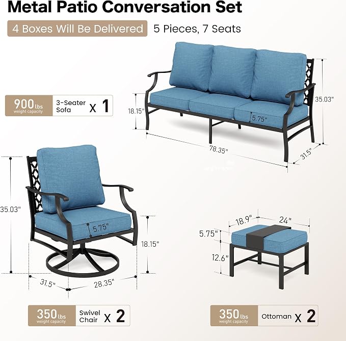 SUNSHINE VALLEY 5 Piece Metal Outdoor Patio Furniture Set, Patio Conversation Sets 1 3-seater Sofa, 2 Swivel Chairs, 2 Ottomans with 5.75" Thick Cushion, Black All-weather Backyard Furniture Set, Navy