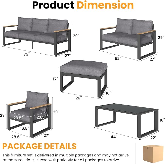 Green4ever Aluminum Patio Furniture Set, 7 Piece Outdoor Conversation Set with Coffee Table, Metal Outdoor Patio Furniture Set for Porch Backyard Garden, Grey