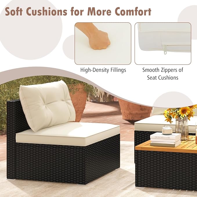 Tangkula 5 Pieces Wicker Patio Furniture Set, Outdoor 4 Armless Rattan Sofa & Coffee Table Set, with Cushions, Acacia Wood Tabletop, Sectional Patio Conversation Set for Lawn, Yard, Poolside