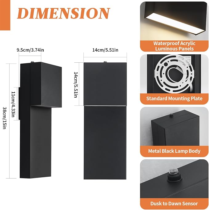 15'' Modern LED Outdoor Wall Sconce, Black Dusk to Dawn Lights,1 Pack | Auto ON-OFF, Waterproof Exterior House Lights, Hardwired Front Porch Light Fixtures for Garage, Metal, 3000K, Easy to Install