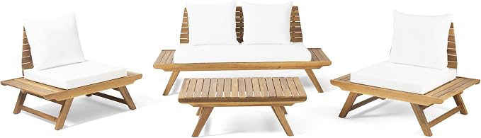 Christopher Knight Home Outdoor Acacia Wood 4 Seater Chat Set, Teak and White
