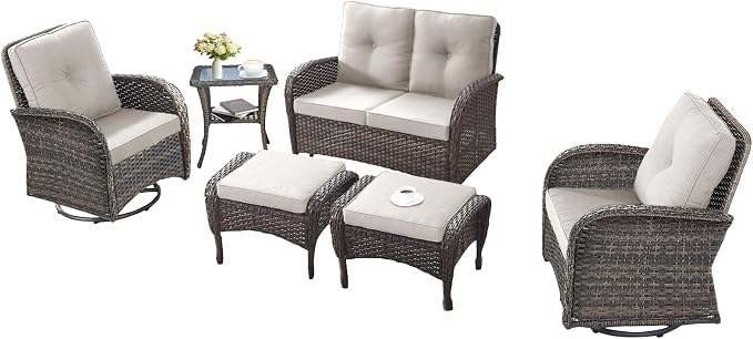 6 Pieces Patio Wicker Furniture Set-Outdoor Swivel Chairs Set of 2 Outdoor Glider Love seat with Outdoor Footstool Patio Furniture for Deck Porch Garden Balcony Poolside-Brown/Beige