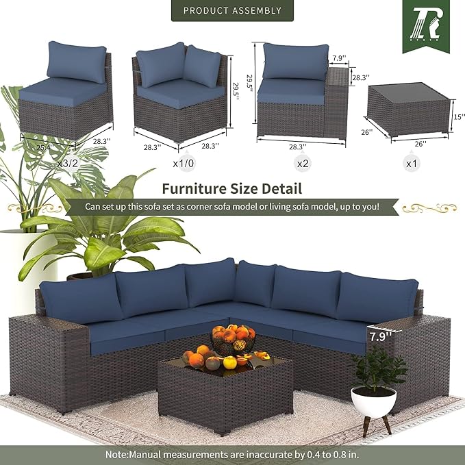 8 PCS Outdoor Patio Furniture Set,Outdoor Sectional Furniture All Weather PE Rattan Wicker Patio Conversation Set with 2 Ottomans and Coffee Table,Navy Blue