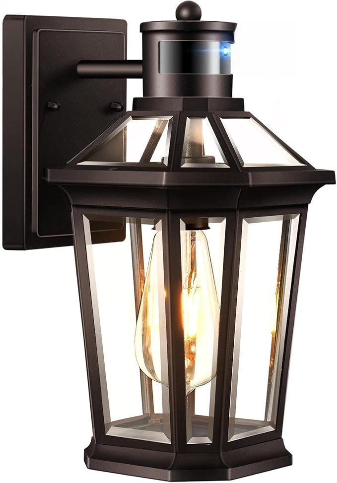 VIANIS Oil Rubbed Bronze Dusk to Dawn Motion Sensor Porch Light, Anti-Rust Aluminum Frame, Tempered Glass, 100% Weather Resistant, Easy Installation, Fits Standard E26 Bulbs