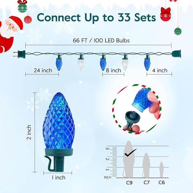 Brightown C9 LED Christmas Lights Outdoor, 66 ft 100 LED Strawberry String Lights, Waterproof Commercial Grade Extendable for Outside Roofline Patio Home Xmas Decoration, Blue and White