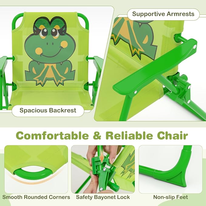 KOTEK Kids Picnic Table with Umbrella, Outdoor Table & 2 Folding Chairs, Cute Pattern Children’s Patio Furniture, Portable Kids Table and Chair Set for Backyard, Garden, Beach (Bright Green)