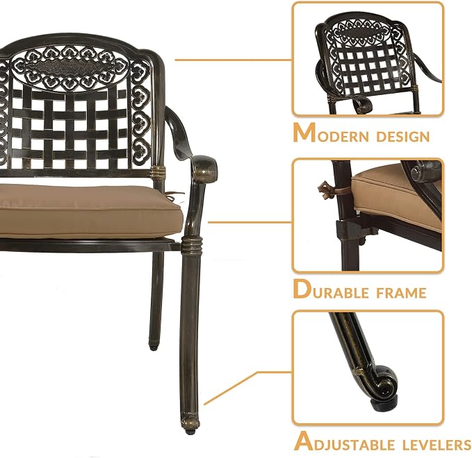 5-Piece Outdoor Patio Dining Set, All-Weather Cast Aluminum Patio Furniture Set for Backyard Garden Deck with 4 Chairs, 4 Cushions and 38.5" Round Table, 2" Umbrella Hole