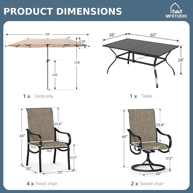 MFSTUDIO Patio Dining Set for 6, Outdoor Dining Set with Umbrella, Patio Furniture Set with 1 Rectangular Table Fixed Chairs 2 Swivel Chairs & Beige Umbrella (Base not Included)