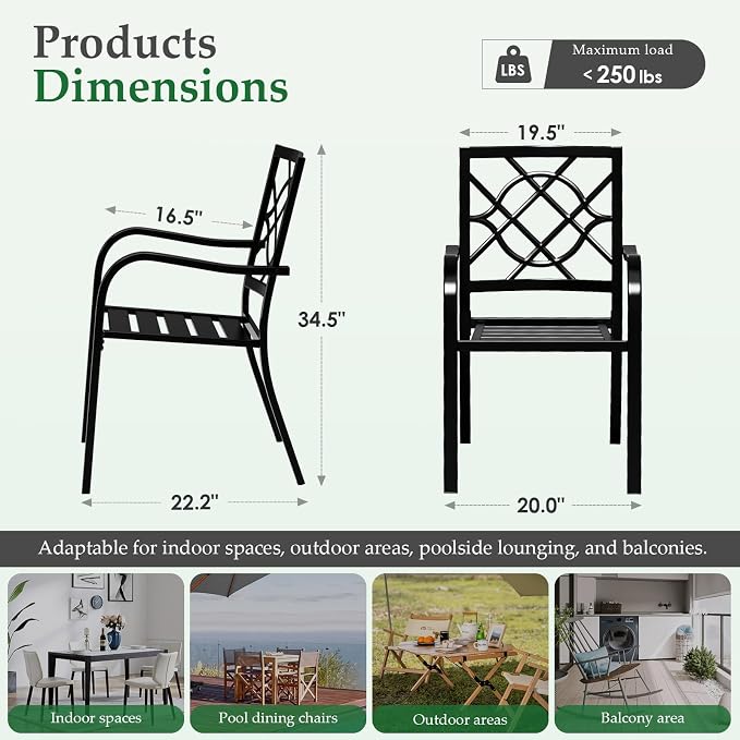 Oakcloud 2 Pieces Patio Wrought Iron Chairs, Metal Outdoor Dining Chair, Stackable Dining Chairs with Armrest for Garden Backyard, 300 LBs, Black
