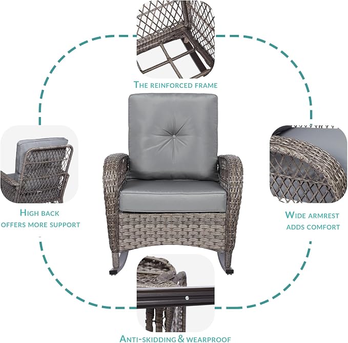 MEETWARM 4 Pieces Outdoor Wicker Patio Conversation Sets with Glider Loveseat, 2 Chairs with Glass-Top Coffee Table Rocking Chair Set, Wicker Conversation Set w/Thickened Cushions, Gray