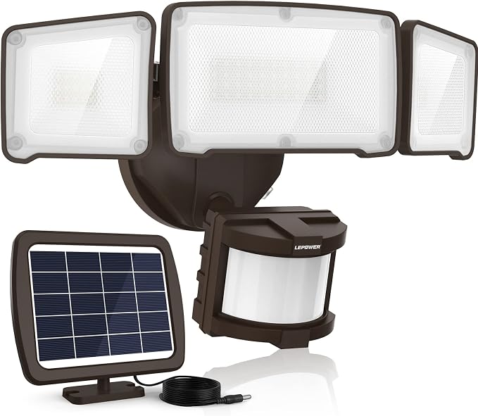 LEPOWER Solar LED Security Lights, PIR Motion Sensor Outdoor, 1600LM, Yard | 5500K Daylight, 72FT180° Motion Sensor Flood Light, 3 Adjustable Head, Easy Install, IP65 Waterproof for Porch, Patio, Garage