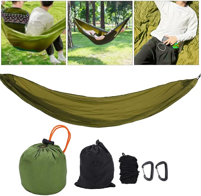 Portable Parachute Camping Hammock, Lightweight Outdoor Hammock with Aluminum Snap Hooks and Storage Bags, Compact Foldable Design for Hiking Backpacking Travel (Army Green)