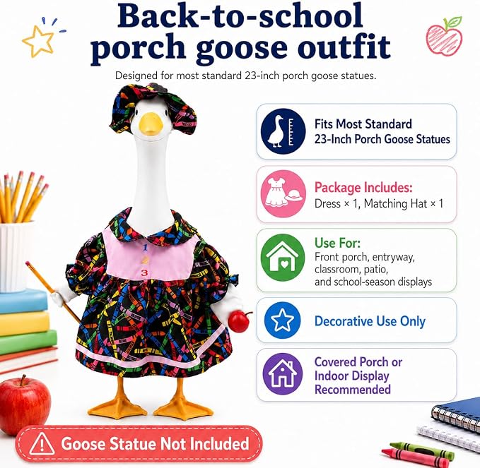 Back to School Porch Goose Outfits For 23" Cement Plastic Geese Statue | First Day of Goose Clothes for School Classroom Cement Goose Outdoor Garden Yard Decor