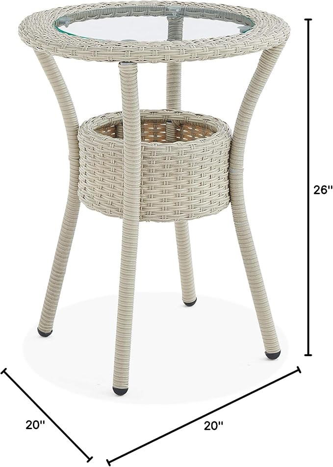 Modern and Weatherproof Haven All-Weather Wicker Outdoor Round Glass-Top Accent Table with Storage - Outdoor Furniture Patio Set & Metal - 20 in. W x 20 in. D x 26 in. H