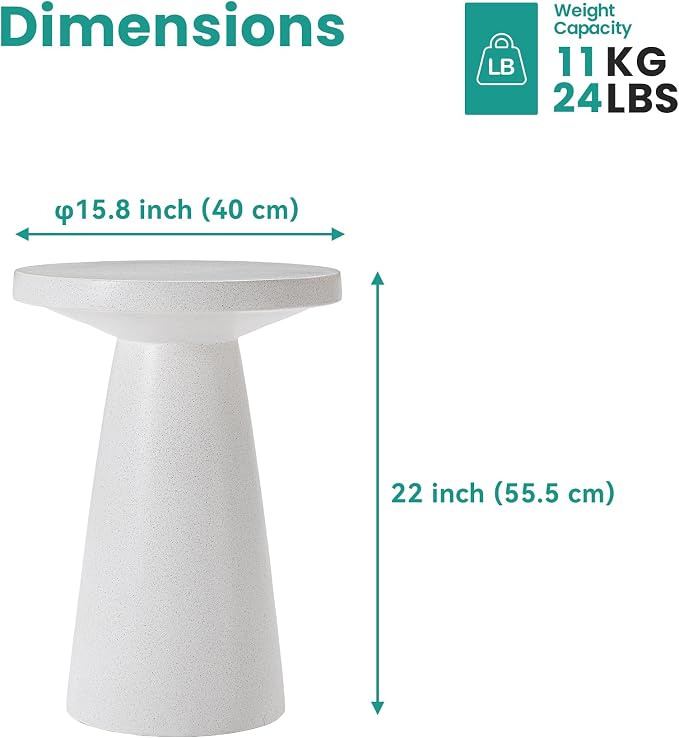 SUNBURY Side Table Outdoor Large, 22"H Concrete End Table w Conical Pedestal, Lightweight Round Accent Table, Decorative Modern Coffee Table, Garden Stool for Patio, Porch, Living Room, Spotted White
