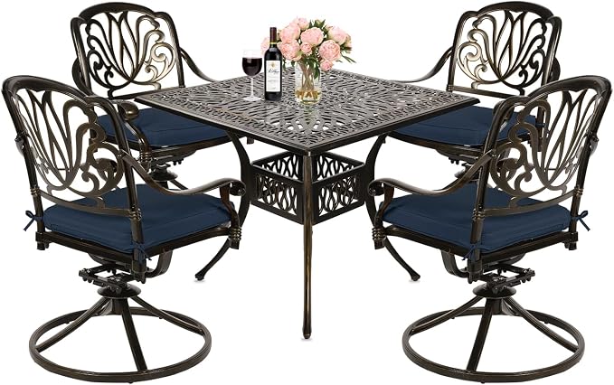 MEETWARM 5-Piece Outdoor Patio Dining Set, All-Weather Cast Aluminum Patio Conversation Set for Backyard Garden Deck with 4 Cushions Swivel Rocker Chairs and 35.4" Square Table, Navy Blue