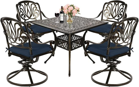 MEETWARM 5-Piece Outdoor Patio Dining Set, All-Weather Cast Aluminum Patio Conversation Set for Backyard Garden Deck with 4 Cushions Swivel Rocker Chairs and 35.4" Square Table, Navy Blue
