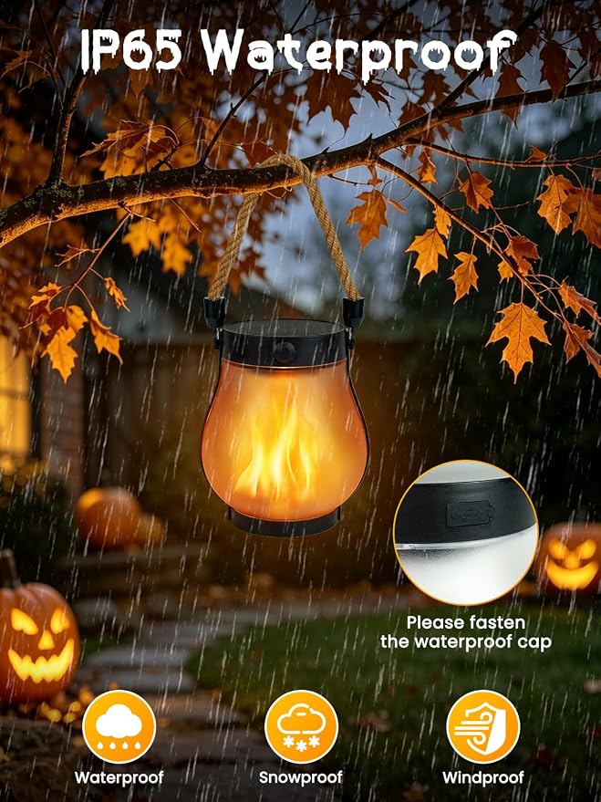 4 Pack Solar Flame Lanterns Outdoor Waterproof | USB & Solar Powered, Waterproof, 2 Modes, Auto On/Off, Garden Fall Porches Table Decor