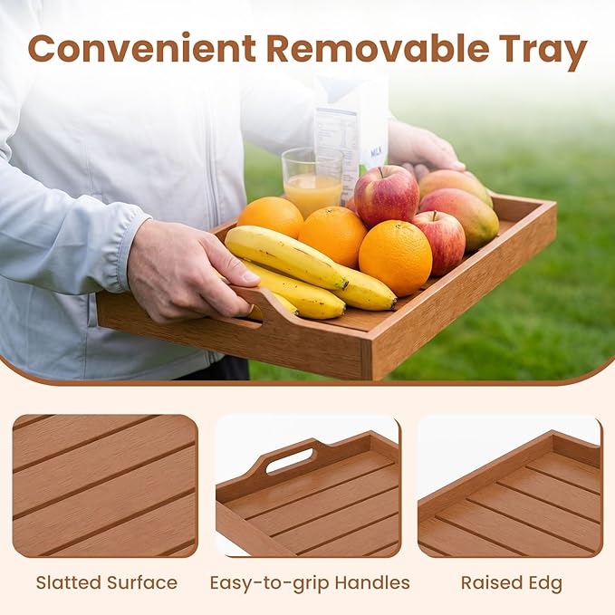 HAPPYGRILL Outdoor Wood Tray Table Folding Side Table with Removable Serving Tray, Portable Patio End Table for Porch, Garden, Backyard, Poolside (1)