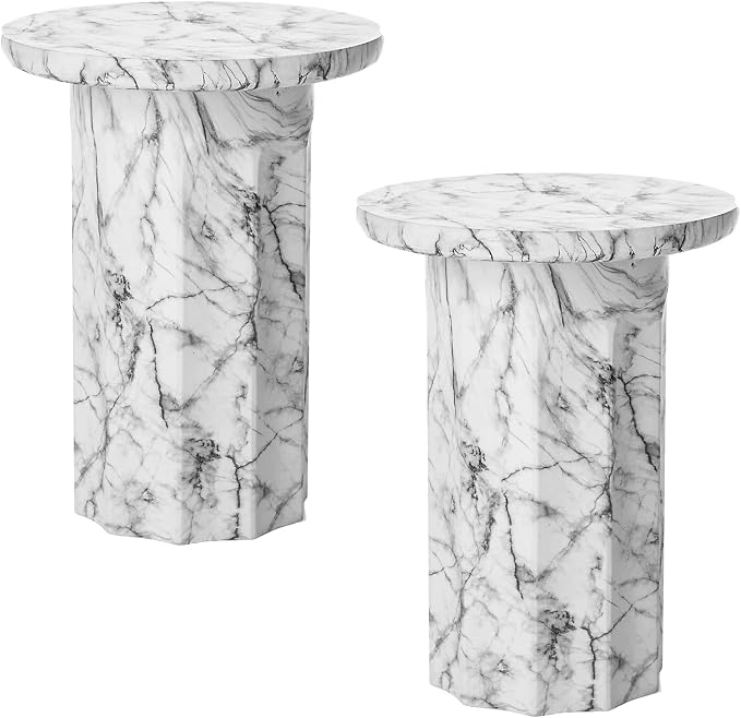 Glitzhome Indoor Outdoor Side Table 21" H, Modern MGO Faux Marble Side Table Round End Table, Decorative Accent Stool for Garden Outdoor Patio Living Room Bedroom Home Decor