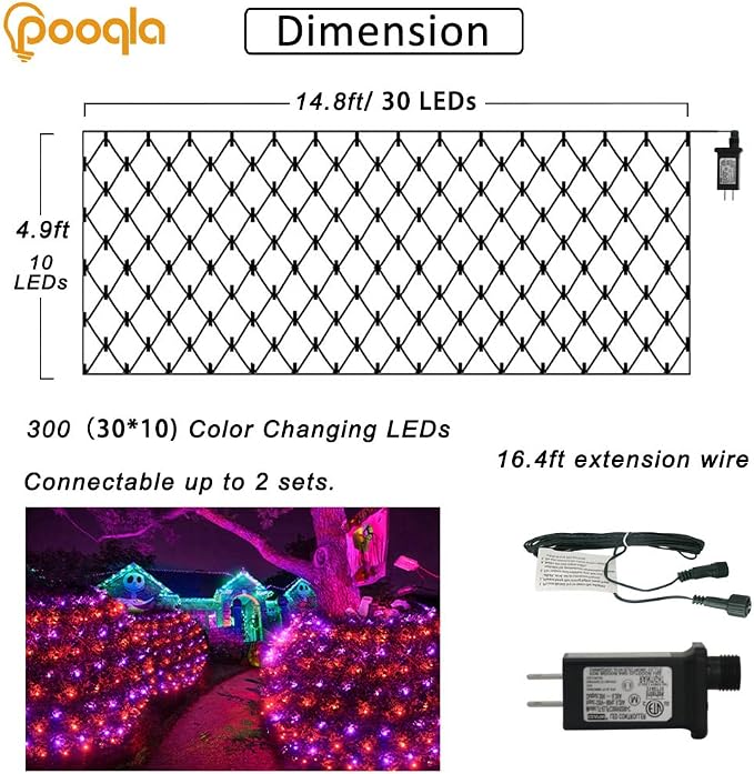 Orange and Purple Halloween Net Lights Outdoor, 15x 5ft Green Wire | 300 LED Large Net Mesh Lights Plug in, 8 Modes Waterproof Connectable Bushes Lights for Halloween Hedge Yard Decor