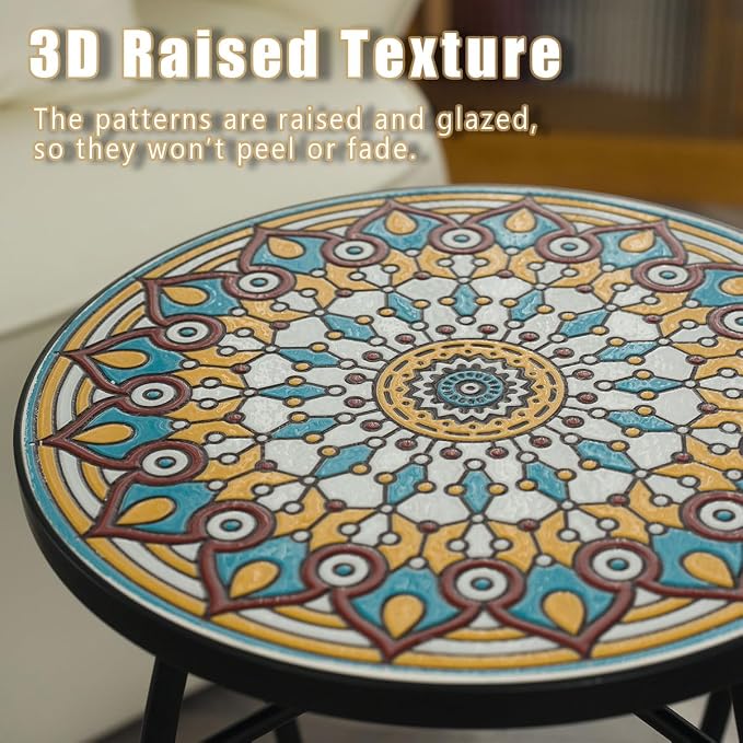 Mosaic Outdoor Side Table Small Round Patio Table Plant Stand | 21" Accent End Table with 14" Ceramic Tile Top for Small Spaces Porch Pool Garden Decor Indoor Living Room Bedroom Balcony