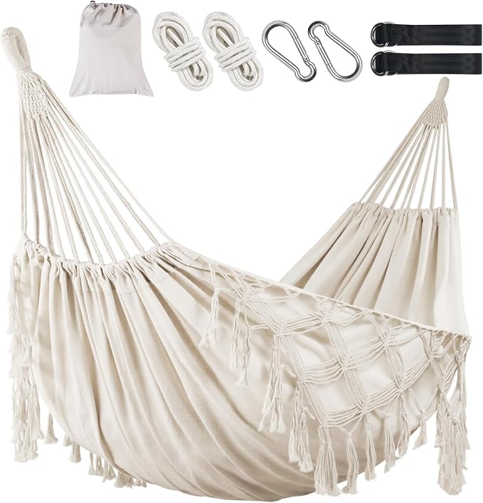 Brazilian Style Double Hammock with Fringe, 2 Person Patio Hammock for Backyard & Indoor Relaxation, Soft Breathable Fabric, Easy Setup with Straps & Carry Bag, 360 lbs Capacity