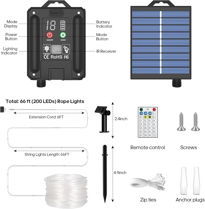 ICRGB Solar Rope Lights Outdoor, 66Ft 200LED 1800mAh Christmas String Lights with Remote, Type C, 19 Modes & Timer, IP67 Waterproof, Solar Light for Tree Patio Porch, Warm White to Multicolor | Type C & Solar, 19 Modes, Waterproof, With Remote, Timer, ...