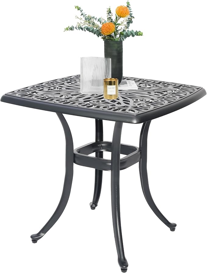 Cast Aluminum Bistro Table, Small Outdoor End Table, Rustproof Weather Resistant Patio Coffee Table, 21Inch Side Table for Indoor Garden Porch Balcony Backyard,Black