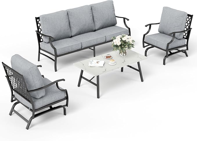 SUNSHINE VALLEY 4 Piece Metal Outdoor Patio Furniture Set, Patio Conversation Set 1 3-seater Sofa, 2 Rocking Chair with 5.75" Extra Thick Cushion and Coffee Table, Black Frame Backyard Furniture, Gray