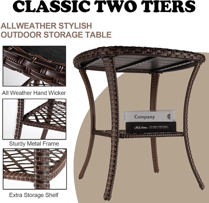 Outdoor Patio Side Table Small Brown Wicker Rattan End Table for Outside Storage Coffee Table with Poly Lumber Table Top for Garden Lawn Pool Porch Deck