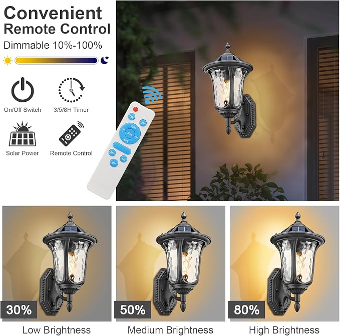 Outdoor Light Fixtures Wall Mount Dusk to Dawn Solar Exterior Wall Sconce Lanterns Remote Control with Water Ripple Glass Lamp Shade for Patio Yard House Hallway, 17'' Medium Black