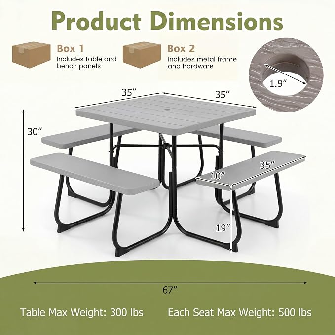 GYMAX Picnic Table Bench with Umbrella Hole, 8 Person Square Outdoor Picnic Table with Metal Frame & HDPE Tabletop, Camping Table for BBQ Yard Patio, 2300LBS Capacity (Gray)