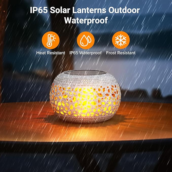 Solar Lanterns Outdoor Waterproof Table Lights: Upgraded Solar Flame Lantern, 2 Lighting Modes White Lantern Flickering Light for Garden Yard Balcony Indoor Tabletop Decor, Gifts for Women