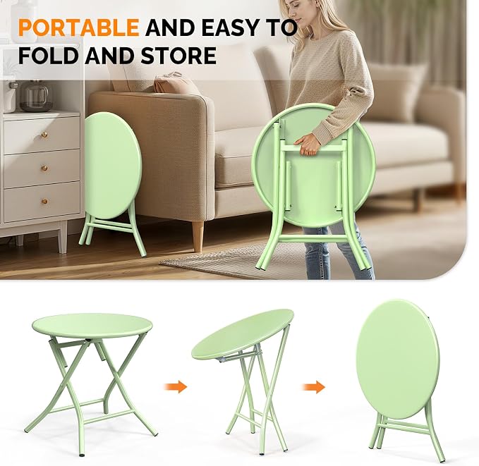 VINGLI Patio Metal Folding Side Table, Portable Small Outdoor Folding Round Table, Perfect for Indoor and Outdoor Spaces Like Balconies, Backyards, Porches, and Patios.Green（1 Pack）