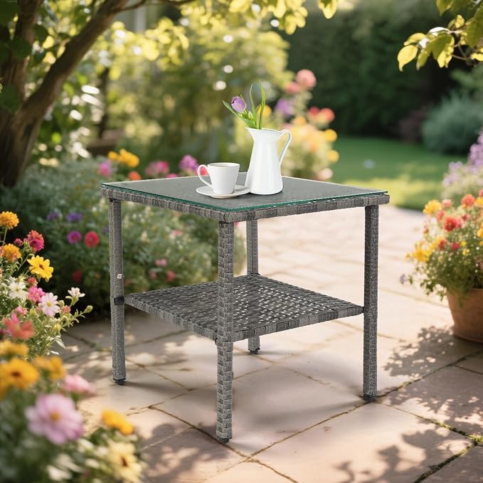 Outdoor PE Wicker Side Table with Storage, Patio Rattan End Table Square Glass Top Table for Furniture Gardening Tools
