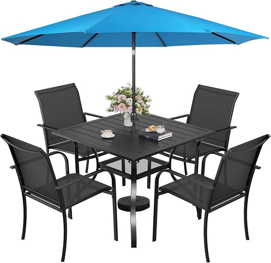 Incbruce 6 Pieces Patio Dining Set with Sky Blue Umbrella, Outdoor Dining Set of 4 Textilene Chairs and Square Table with Umbrella Hole for Backyard, Garden, and Poolside (Black)