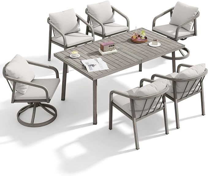 7 Pieces Outdoor Dining Set, Never-Rust Aluminum Patio Dining Set for 6, Outdoor Dining Table Set with 2 Swivel Chairs, 4 Dining Chairs, Patio Furniture Set for Porch, Garden, Gray Oak