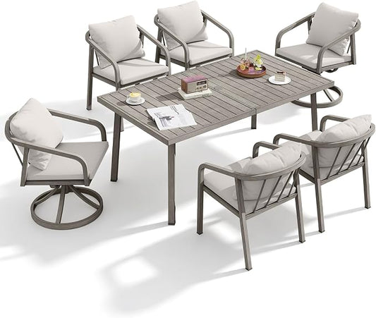 7 Pieces Outdoor Dining Set, Never-Rust Aluminum Patio Dining Set for 6, Outdoor Dining Table Set with 2 Swivel Chairs, 4 Dining Chairs, Patio Furniture Set for Porch, Garden, Gray Oak